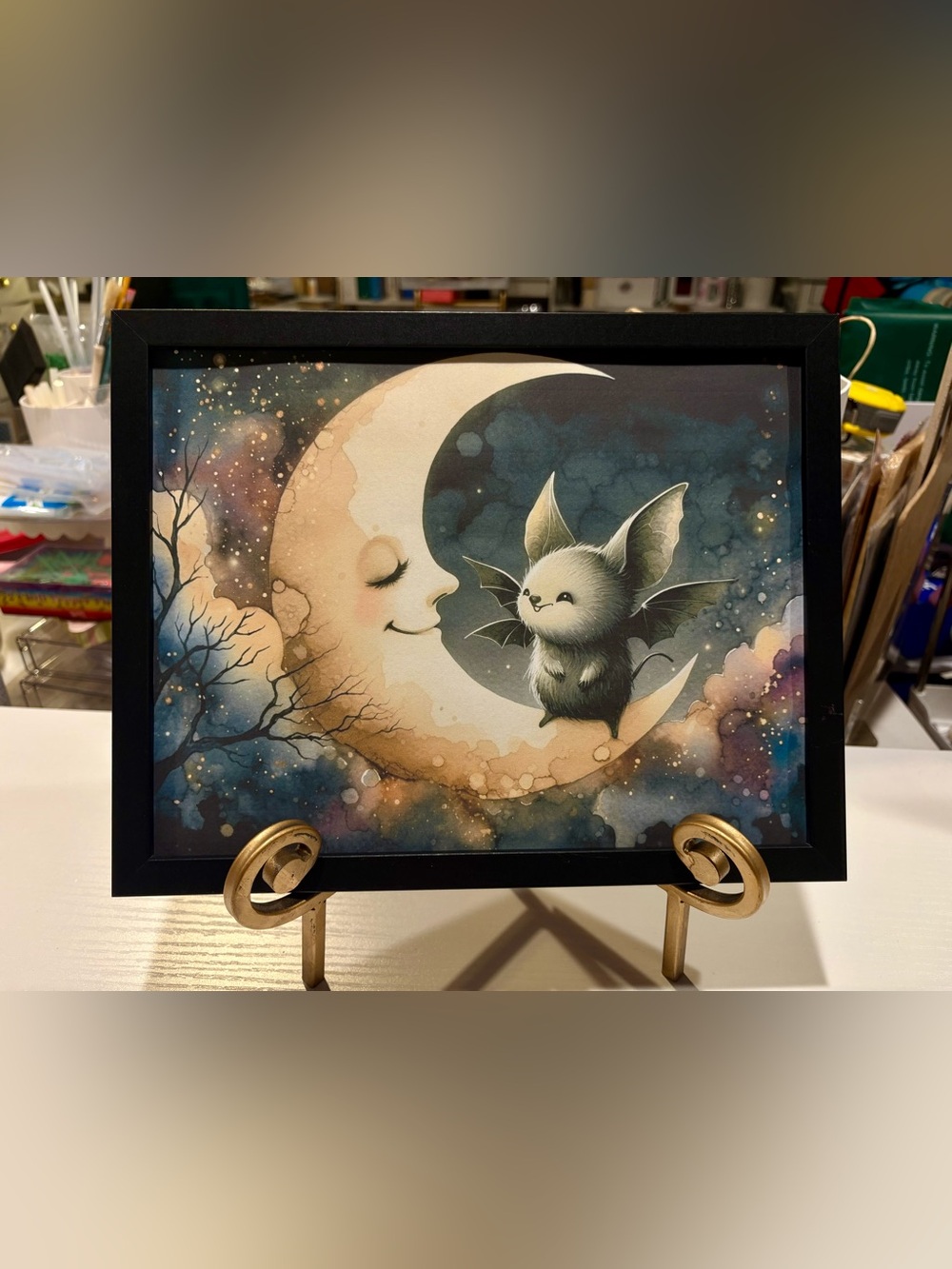 Whimsical Moon & Bat Framed Art 8x10 Print